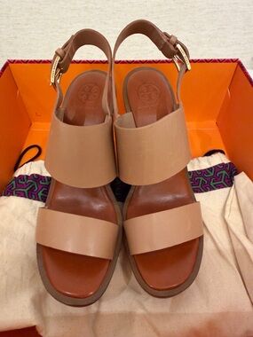 Tory Burch Natural Blush Leather Lexington Wedge Sandals 110MM wedge - size 6.5